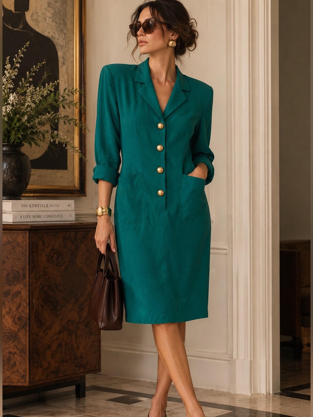 Vintage 100% Silk Emerald Green Strong Shoulder Dress